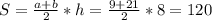 S= \frac{a+b}{2} *h=\frac{9+21}{2} *8=120