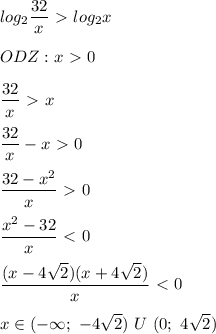 log_{2} \dfrac{32}{x} \ \textgreater \ log_{2}x \\ \\ &#10;ODZ: x \ \textgreater \ 0 \\ \\ &#10;\dfrac{32}{x} \ \textgreater \ x \\ \\ &#10;\dfrac{32}{x} - x \ \textgreater \ 0 \\ \\ &#10; \dfrac{32 - x^2}{x} \ \textgreater \ 0 \\ \\ &#10; \dfrac{x^2 - 32}{x} \ \textless \ 0 \\ \\ &#10; \dfrac{(x - 4 \sqrt{2})(x + 4 \sqrt{2} )}{x} \ \textless \ 0 \\ \\ &#10;x \in ( - \infty; \ -4 \sqrt{2} ) \ U \ (0; \ 4 \sqrt{2})