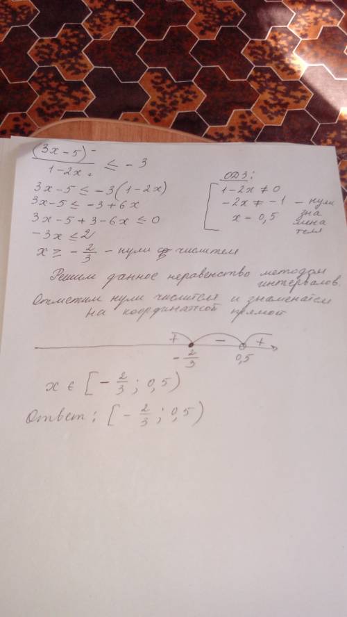 Решить неравенство : (3x-5)÷(1-2x) < = -3