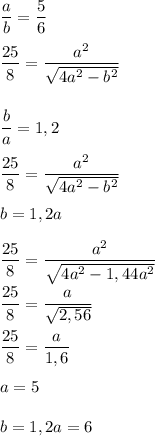 \dfrac{a}{b} = \dfrac{5}{6} \\ \\ \dfrac{25}{8} = \dfrac{a^2}{ \sqrt{4a^2 - b^2} } \\ \\ \\ \dfrac{b}{a} = 1,2 \\ \\ \dfrac{25}{8} = \dfrac{a^2}{ \sqrt{4a^2 - b^2} } \\ \\ b = 1,2a \\ \\ \dfrac{25}{8} = \dfrac{a^2}{ \sqrt{4a^2 - 1,44a^2} } \\ \\ \dfrac{25}{8} = \dfrac{a}{ \sqrt{2,56} } \\ \\ \dfrac{25}{8} = \dfrac{a}{1,6} \\ \\ a = 5 \\ \\ b = 1,2a = 6