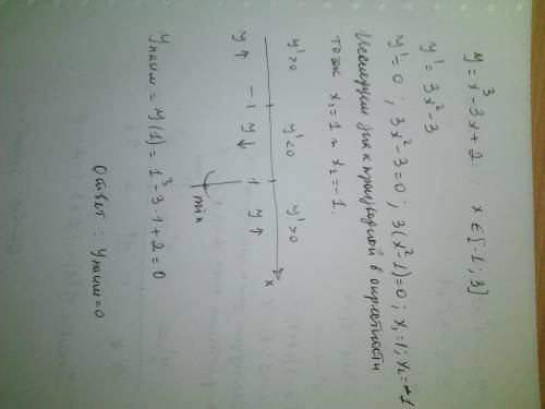 Найдите наименьшее значение функции y=x^3 -3x+2 на отрезке [-1, 3]. .