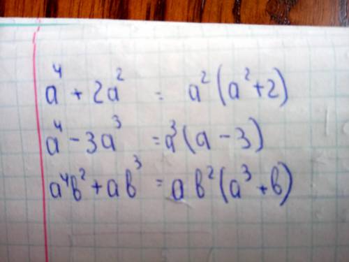 Вынести общий множитель за скобки: 1) а^4 + 2а^2; 2) a^4 - 3a^3; 3) a^4b^2 + ab^3;