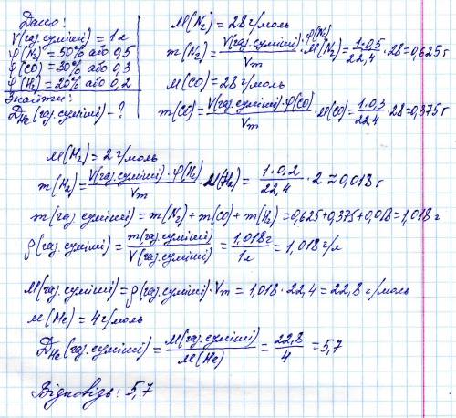 Визначити густину за гелієм та масу 1л газової суміші, що містить за об'ємом 50 % азоту, 30 % оксиду