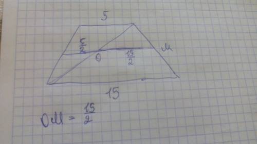 Основании трапеции равны 5 и 15. найдите больший из отрезков, на карте делит среднею линию этой троп