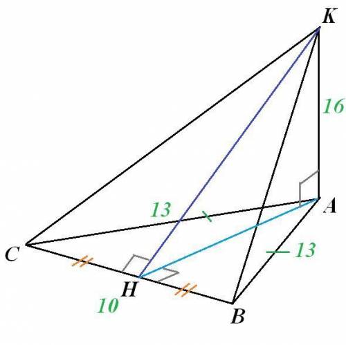 Из вершины а треугольника авс проведён отрезок ак, перпендикулярный плоскости треугольника. найдите