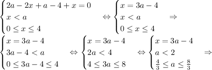 \begin {cases} 2a-2x+a-4+x=0 \\ x \ \textless \ a\\ 0 \leq x \leq 4 \end {cases} \Leftrightarrow \begin {cases} x=3a-4 \\ x \ \textless \ a\\ 0 \leq x \leq 4 \end {cases} \Rightarrow \\ \begin {cases} x=3a-4 \\ 3a-4 \ \textless \ a\\ 0 \leq 3a-4 \leq 4 \end {cases} \Leftrightarrow \begin {cases} x=3a-4 \\ 2a\ \textless \ 4 \\ 4 \leq 3a \leq 8 \end {cases} \Leftrightarrow \begin {cases} x=3a-4 \\ a\ \textless \ 2 \\ \frac{4}{3} \leq a \leq \frac{8}{3} \end {cases} \Rightarrow