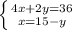 \left \{ {{4x+2y=36} \atop {x=15-y}} \right.