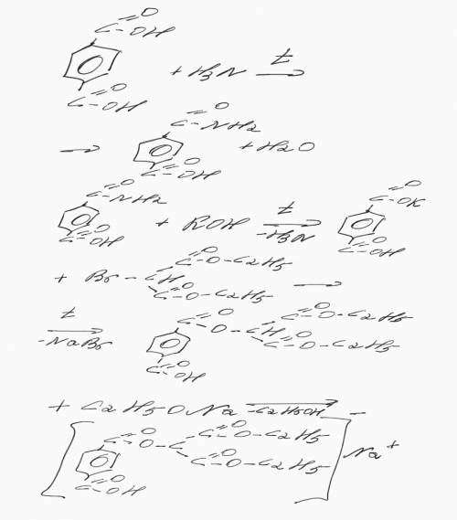 Цепочка терефталевая кислота + nh3 =x x+koh = x2 x2+ brch(cooc2h5)2=x3 x3+c2h5ona=x4