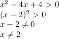 x^2-4x+4\ \textgreater \ 0 \\ (x-2)^2\ \textgreater \ 0 \\ x-2 \neq 0 \\ x \neq 2