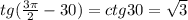 tg( \frac{3 \pi }{2} -30) = ctg30 = \sqrt{3}