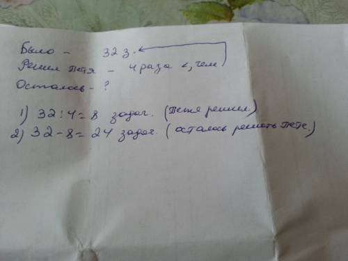 Пете задали на каникулы 32 .пока что он решил в 4 раза меньше ,чем задали . сколько осталось решить