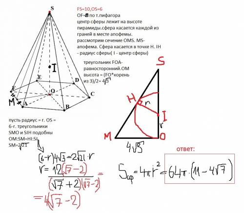 Вправильную шестиугольную пирамиду, боковое ребро которой равно 10, а высота равна 6, вписана сфера.