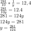 \frac{281}{10} * \frac{1}{y} =12,4 \\ \frac{281}{10y} =12.4 \\ 281=124y \\ 124y=281 \\ y= \frac{281}{124}