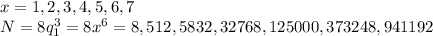 x = 1,2,3,4,5,6,7\\&#10;N = 8q_1^3 = 8x^6 = 8, 512, 5832, 32768,125000,373248,941192