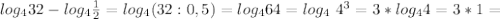 log_432-log_4 \frac{1}{2} =log_4(32:0,5)=log_464=log_4\ 4^3=3*log_44=3*1=
