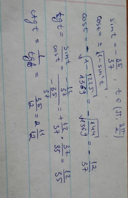 Найдите cos,tg,ctg, если: sint= -35/37, t∈ (π; 3π/2)