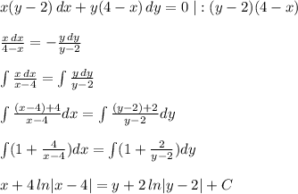 x(y-2)\, dx+y(4-x)\, dy=0\; |:(y-2)(4-x)\\\\ \frac{x\, dx}{4-x} =- \frac{y\, dy}{y-2} \\\\\int \frac{x\, dx}{x-4}=\int \frac{y\, dy}{y-2}\\\\\int \frac{(x-4)+4}{x-4}dx=\int \frac{(y-2)+2}{y-2}dy\\\\\int (1+\frac{4}{x-4})dx=\int (1+\frac{2}{y-2})dy}\\\\x+4\, ln|x-4|=y+2\, ln|y-2|+C