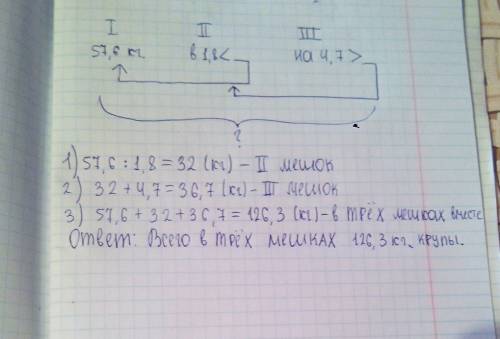Впервом мешке было 57,6 кг крупы, во втром - в 1,8 раза меньше, чем в первом,а в третьем - на 4,7 кг