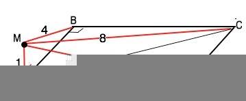 Точка m удалена от вершин a, b и c прямоугольника abcd на расстояния 1, 4 и 8 соответственно. найдит