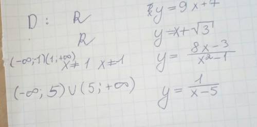 Найти d(f) y=9x+7 y=x+3 под корнем y=8x-3/x^2-1 y=1/x-5