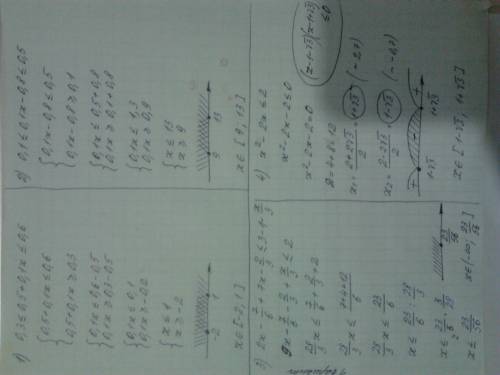 Решить! рациональные неравенства 1) 0.3≤0.5+0,1x≤0.6 2)0.1≤0.1x-0.8≤0.5 3)2x-7/6 +7x-2/3 ≤ 3- 1-x/3