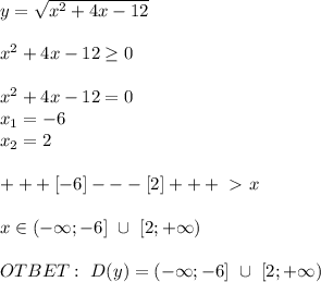 y= \sqrt{x^2+4x-12} \\ \\ x^2+4x-12 \geq 0 \\ \\ x^2+4x-12=0 \\ x_1=-6\\ x_2=2 \\ \\ +++[-6]---[2]+++\ \textgreater \ x \\ \\ x \in (-\infty;-6] \ \cup \ [2;+\infty) \\ \\ OTBET: \ D(y)= (-\infty;-6] \ \cup \ [2;+\infty)