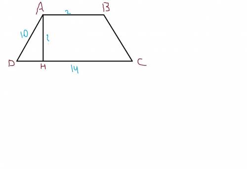 Найдите высоту равнобокой трапеции с основаниями 2 см и 14 см и если боковая сторона равна 10 см