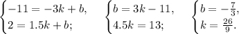 \begin{cases}-11=-3k+b,\\&#10;2=1.5k+b;\end{cases}\,\begin{cases}b=3k-11,\\&#10;4.5k=13;\end{cases}\,\begin{cases}b=-\frac{7}{3},\\&#10;k=\frac{26}{9}.\end{cases}