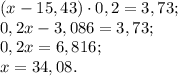 (x-15,43)\cdot0,2=3,73;\\&#10;0,2x-3,086=3,73;\\&#10;0,2x=6,816;\\&#10;x=34,08.