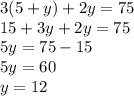 3(5+y)+2y = 75\\&#10;15+3y+2y=75\\&#10;5y=75-15\\&#10;5y = 60\\&#10;y = 12