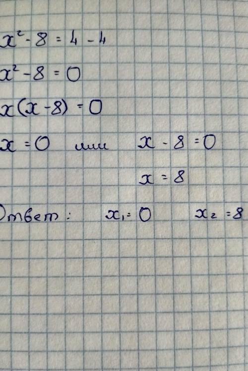 Решить x(во 2 степени) - 8 = 4-4(по теореме виета)