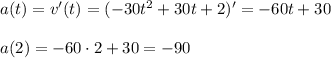 a(t)=v'(t)=(-30t^2+30t+2)'=-60t+30\\ \\ a(2)=-60\cdot 2+30=-90