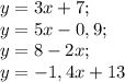 y=3x+7;\\y=5x-0,9; \\ y=8-2x; \\y=-1,4x+13