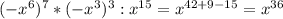 (-x^6)^7*(-x^3)^3:x^{15}=x^{42+9-15}=x^{36}