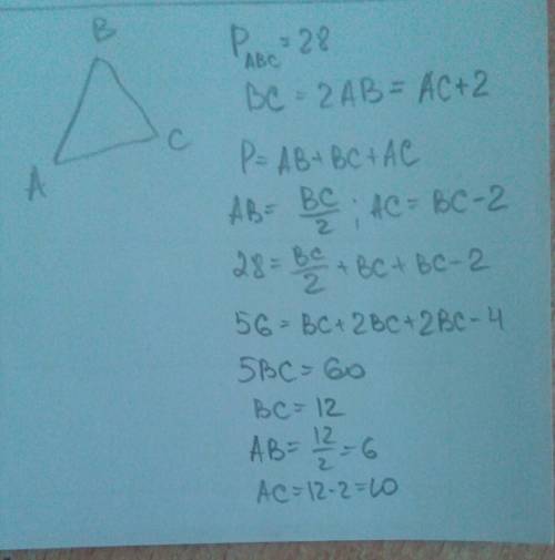 Периметр треугодьника авс равен 28см.сторонв вс в два разп больше сторонв ав,а сторона ас на 2см мен