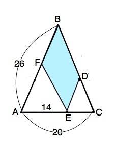 15 ! в треугольнике abc ab=bc=26, ac=20. на сторонах bc, ab, ac взяты точки d, f, e соответственно т