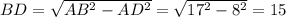 BD=\sqrt{AB^2-AD^2}=\sqrt{17^2-8^2}=15