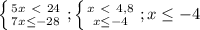 \left \{ {{5x\ \textless \ 24} \atop {7x \leq -28}} \right. ; \left \{ {{x\ \textless \ 4,8} \atop {x \leq -4}} \right. ; x \leq-4