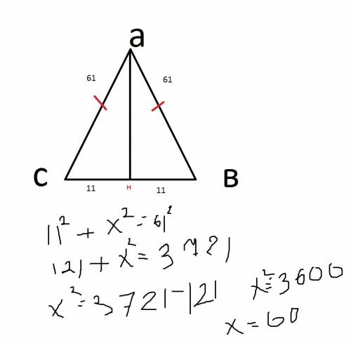 Втреугольнике abc ab=bc=61,ac=22. найдите длин медианы.