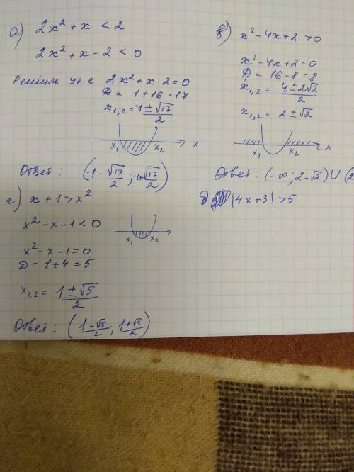 Решить уравнения : a)2x^2+x< 2 б)3-x^2 в)x^2-4x+2> 0 г)x+1> x^2 д)|4x+3|> 5 е)4-|3+2x|&l