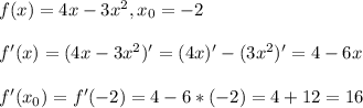 f(x) = 4x - 3x^{2}, x_{0}=-2\\\\&#10;f'(x) =(4x-3x^{2})' = (4x)' - (3x^{2})' = 4 - 6x\\\\&#10;f'(x_{0})=f'(-2) = 4-6*(-2) = 4+12 = 16