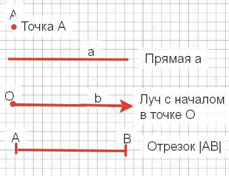 Изобразите в тетради и обозначьте точку прямую отрезок луч