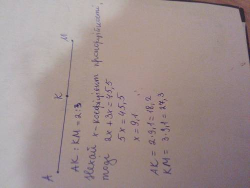 На отрезке ам=45,5 см. точка к принадлежит отрезку ам и ак : км=2: 3. найдите длины отрезка км