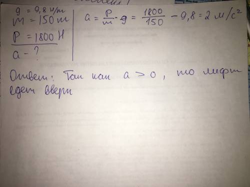 Груз 150кг опускается в лифте и давит на дно кабины с силой 1800н. определить ускорение движения