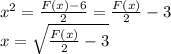 x^2= \frac{F(x)-6}{2} = \frac{F(x)}{2}-3 \\ x= \sqrt{\frac{F(x)}{2}-3 }