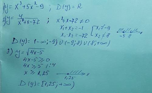 24 область определения x^3+5x^2-9; y=4/x^2+x-72; y=√4x-5 ( в корне, если знак не понять )