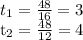 t_{1} = \frac{48}{16}=3&#10;&#10; t_{2}= \frac{48}{12}=4