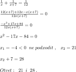 \frac{1}{x}+\frac{1}{x+7}=\frac{1}{12}\\\\ \frac{12(x+7)+12x-x(x+7)}{12x(x+7)} =0\\\\ \frac{-x^2+17x+84}{12x(x+7)} =0\\\\x^2-17x-84=0\\\\x_1=-4\ \textless \ 0\; \; ne\; podxodit\; ,\; \; \; x_2=21\\\\x_2+7=28\\\\Otvet:\; \; 21\; \; i\; \; 28\; .