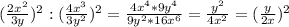 (\frac{2x^2}{3y})^2:( \frac{4x^3}{3y^2})^2= \frac{4x^4*9y^4} {9y^2*16x^6}= \frac{y^2}{4x^2}=( \frac{y}{2x})^2