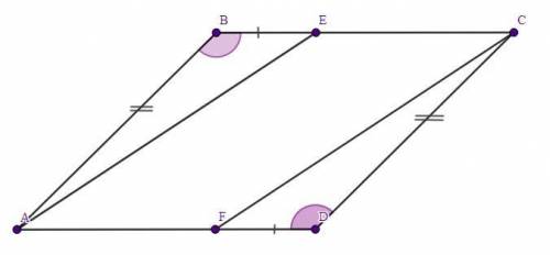 Дано: abcd- параллелограмм; be=df,доказать: aecf- параллелограмм